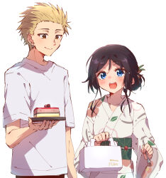  1boy 1girl absurdres black_hair blonde_hair blue_eyes cake cake_slice closed_mouth commentary_request food fork green_sash hair_ornament height_difference highres holding holding_cake holding_food holding_fork japanese_clothes kaoru_hana_wa_rin_to_saku kimono leaf_print nyaa_(nnekoron) obi open_mouth pastry_box red_eyes sash shirt simple_background smile teeth tsumugi_rintarou upper_body upper_teeth_only waguri_kaoruko white_background white_shirt yukata 
