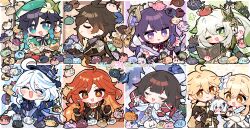  3boys 6+girls absurdres aether_(genshin_impact) ahoge animal animalization antenna_hair arataki_itto arlecchino_(genshin_impact) bird blonde_hair blue_hair blunt_bangs book bottle brown_gloves brown_hair chibi chibi_only chinese_clothes chinese_commentary clorinde_(genshin_impact) closed_eyes closed_mouth columbina_(genshin_impact) crop_top dress flins_(genshin_impact) flower flower_ornament freminet_(genshin_impact) from_side furina_(genshin_impact) ganyu_(genshin_impact) genshin_impact gloves gorou_(genshin_impact) gradient_hair green_eyes green_hair green_hat hair_between_eyes hair_ribbon happy happy_anniversary hat highres holding holding_book holding_spoon hu_tao_(genshin_impact) huge_ahoge japanese_clothes kaedehara_kazuha kamisato_ayaka kamisato_ayato keqing_(genshin_impact) kirara_(genshin_impact) kujou_sara kuki_shinobu kyou_039 lauma_(genshin_impact) light_smile lisa_(genshin_impact) long_hair looking_at_viewer looking_down lumine_(genshin_impact) lynette_(genshin_impact) lyney_(genshin_impact) mavuika_(genshin_impact) mole mole_under_eye multicolored_hair multiple_boys multiple_girls nahida_(genshin_impact) navia_(genshin_impact) nefer_(genshin_impact) neuvillette_(genshin_impact) one_eye_closed open_book open_mouth orange_eyes paimon_(genshin_impact) person_and_animalization purple_hair qiqi_(genshin_impact) raiden_shogun red_eyes red_hair ribbon sangonomiya_kokomi sayu_(genshin_impact) scaramouche_(genshin_impact) seiza shikanoin_heizou short_hair sigewinne_(genshin_impact) sitting skirk_(genshin_impact) spoon standing streaked_hair table tartaglia_(genshin_impact) thoma_(genshin_impact) too_many too_many_birds upper_body venti_(genshin_impact) violet_eyes white_dress white_flower wriothesley_(genshin_impact) yae_miko yoimiya_(genshin_impact) zhongli_(genshin_impact) 