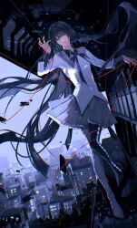  1girl absurdres akemi_homura akemi_homura_(magical_girl) argyle_clothes argyle_footwear black_boots black_hair black_hairband blunt_bangs blunt_ends boots braid building chinese_commentary cityscape closed_mouth collared_shirt contrast_collar debris expressionless full_body glitch grey_skirt hair_half_undone hairband hand_up high_up highres knees_together_feet_apart long_hair long_sleeves mahou_shoujo_madoka_magica mahou_shoujo_madoka_magica_(anime) neck_ribbon outstretched_arm overcast pleated_skirt procreate_(medium) puritan_collar purple_ribbon ribbon shirt skirt sky skyscraper solo string string_around_finger string_around_leg string_of_fate thigh_boots untucked_shirt violet_eyes white_shirt yilengshisanlengzhudeyigeleng 