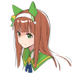  1girl animal_ears brown_hair commentary_request ear_covers green_eyes hairband highres horse_ears horse_girl itami_sumihito long_hair looking_to_the_side silence_suzuka_(umamusume) simple_background solo umamusume upper_body white_background 