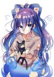  1girl animal_ears bangs blue_bow blue_eyes blue_hair blue_skirt bow cat_ears closed_mouth debt eyebrows_visible_through_hair eyes_visible_through_hair gradient grey_hoodie hair_between_eyes hands_up heart highres hood hoodie hug long_hair looking_to_the_side moshihimechan short_sleeves simple_background skirt solo standing stuffed_animal stuffed_toy symbol-only_commentary touhou toy white_background yorigami_shion 