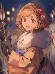  1girl :d arrow_(projectile) black_gloves blonde_hair djeeta_(granblue_fantasy) festival gloves granblue_fantasy hair_ornament hamaya hashibiro_kou_(garapiko_p) highres japanese_clothes kimono lyria_(granblue_fantasy) notice_lines outdoors short_hair smile solo_focus vyrn_(granblue_fantasy) watermark yellow_eyes yukata 
