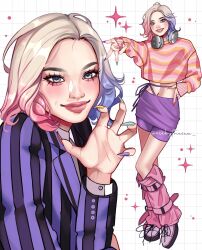  1girl aegyo_sal alternate_costume bike_shorts blazer blonde_hair blue_eyes blue_hair boots collared_shirt colored_tips cropped_sweater detached_pants enid_sinclair eyelashes fingernails forehead four-pointed_star full_body gao gradient_hair gyaru_v hand_on_own_hip headphones highres jacket long_fingernails looking_at_viewer medium_hair midriff multicolored_hair multicolored_jacket multicolored_nails multicolored_sweater navel pink_boots pink_hair pink_sweater platform_boots purple_jacket purple_shorts purple_skirt shirt shorts shorts_under_skirt side-tie_skirt skirt sleeves_past_wrists smile striped_clothes striped_jacket striped_sweater sweater the_addams_family thick_eyebrows thick_lips two-tone_jacket unworn_headphones upper_body v vertical-striped_clothes vertical-striped_jacket wednesday_(netflix) zeebythesea 