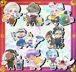  4boys 4girls :d absurdres antenna_hair apron aqua_eyes aqua_nails ascot backwards_hat bags_under_eyes bald baseball_cap bell_pepper bellibolt bird black_dress black_hair black_hat black_jacket black_pants black_pantyhose black_shoes black_suit blue_apron blue_boots blue_hair blue_mittens blue_necktie blue_pants blush blush_stickers boots border bounsweet bow-shaped_hair brassius_(pokemon) briefcase bright_pupils brown_apron brown_ascot brown_gloves brown_hat brown_shirt brown_skirt buttons carrot cetoddle character-themed_food character_hair_ornament chibi cleaver closed_eyes closed_mouth coat collared_shirt colored_eyelashes commentary_request crabominable dark-skinned_female dark_skin dessert dress drop_shadow earrings eating espathra eyelashes eyeshadow fingernails flying_sweatdrops food food_on_face gloves greavard green_hair green_pants green_shoes grey_boots grey_eyes grey_hair grey_pupils grey_shirt grusha_(pokemon) hair_bun hair_ornament hand_in_pocket hat high_heels highres holding holding_briefcase holding_cleaver holding_microphone holding_tray holding_whip horns iono_(pokemon) jacket jewelry katy_(pokemon) kofu_(pokemon) komala larry_(pokemon) lips long_eyelashes long_hair long_sleeves magnemite makeup mature_female mature_male microphone mittens mole mole_under_eye multicolored_hair multiple_boys multiple_girls nail_polish necktie one_eye_closed onigiri onion open_clothes open_jacket open_mouth outline pants pantyhose pink_hair plate pocket pokemon pokemon_(creature) pokemon_sv puffy_short_sleeves puffy_sleeves purple_hair purple_shirt rectangular_pupils red_eyes ryme_(pokemon) scarf scarf_over_mouth sharp_teeth shirt shoes short_hair short_sleeves single_hair_bun single_horn skirt sleeves_past_fingers sleeves_past_wrists smile speaker spiky_hair standing standing_on_one_leg staraptor sudowoodo suit sunflora tarountula teeth thick_eyebrows tongue tray tulip_(pokemon) two-tone_hair unibrow upper_teeth_only user_wksm4343 very_long_hair white_dress white_hair white_outline white_pants white_pupils white_shirt white_shoes yellow_coat yellow_eyes yellow_shoes 