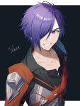  1boy armor breastplate character_name collarbone fire_emblem fire_emblem:_three_houses fire_emblem_warriors:_three_hopes grin hair_over_one_eye highres looking_at_viewer male_focus one_eye_covered purple_hair shez_(fire_emblem) shez_(fire_emblem)_(male) short_hair shoulder_armor smile solo teeth tomo_shirasu upper_body 