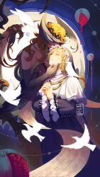  2girls animal_on_shoulder bird bird_on_shoulder closed_eyes cowboy_shot crown_of_thorns dark_background dress druvis_iii druvis_iii_(shrouded_in_thorns) elbow_gloves feathered_wings food fruit gloves guimpe halter_dress halterneck hand_on_another's_face head_wings heads_together highres jewelry long_dress long_hair ms._moissan multiple_girls necklace nun official_alternate_costume on_crescent orange_hair own_hands_together parted_lips pearl_necklace pomegranate purple_dress purple_gloves reverse:1999 scroll sitting sleeveless sleeveless_dress tears traditional_nun uncanonvalley white_bird wings yuri 