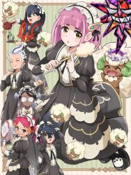  3boys 3girls absurdres amarys_(pokemon) black_dress black_hair blush brown_eyes carmine_(pokemon) closed_eyes closed_mouth colored_inner_hair crispin_(pokemon) crossdressing crossdressing_(mtf) crossed_bangs dark-skinned_female dark_skin drayton_(pokemon) dress duster frying_pan glasses green_eyes hair_between_eyes hair_ornament hairclip highres holding holding_duster holding_teapot holding_tray kieran_(pokemon) lacey_(pokemon) long_hair long_sleeves maid maid_headdress mole mole_under_eye multicolored_hair multiple_boys multiple_girls official_alternate_costume open_mouth pink_hair pokemoa pokemon pokemon_masters_ex pokemon_sv purple_hair red_eyes red_hair short_hair sinistcha smile streaked_hair tea teapot teeth terastallization tray two-tone_hair upper_teeth_only whimsicott white_hair yellow_eyes 