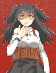 1girl black_hair blush breasts chest_rig collared_shirt commentary_request dot_nose finger_in_own_mouth grey_skirt hand_up large_breasts long_hair long_sleeves looking_at_viewer partial_commentary pleated_skirt pouch red_background shaded_face shirt skirt solo toaru_kagaku_no_railgun toaru_kagaku_no_railgun_t toaru_majutsu_no_index twintails two_side_up upper_body white_shirt wrist_belt yakutashi yellow_eyes yumiya_rakko