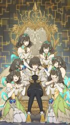  6+girls :d bare_shoulders bracelet bridal_gauntlets brown_hair circlet clone_harem detached_sleeves dress final_fantasy final_fantasy_xiv full_body green_dress green_eyes highres jewelry kneeling mbomb medium_hair multiple_girls multiple_persona open_mouth scared shaded_face shoes sitting smile sphene_(ff14) throne yellow_shoes yuri 
