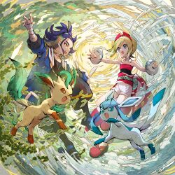  1boy 1girl :o adaman_(pokemon) artist_request bandaged_arm bandaged_hand bandages black_shirt blonde_hair blue_eyes blue_hair blue_jacket bracelet eyelashes glaceon hairband irida_(pokemon) jacket jewelry leaf leafeon medium_hair multicolored_hair official_art open_clothes open_jacket open_mouth outstretched_arm pokemon pokemon_(creature) pokemon_legends:_arceus pokemon_tcg pokemon_tcg_pocket red_hairband red_shirt red_shoes shirt shoes short_hair shorts snow third-party_source white_shorts 