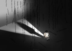  1boy black_hair curled_up english_text faceless full_body glowing holding holding_phone hugging_own_legs keskipaivalla long_shadow looking_at_phone oldest_dream omniscient_reader&#039;s_viewpoint phone shirt short_hair solo spotlight vest white_shirt yellow_vest 