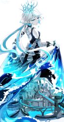  1girl absurdres ahoge alternate_costume artist_name blue_eyes blue_hair blue_theme bow chinese_commentary closed_mouth clothes_lift commentary_request crown dated dress dress_lift drop-shaped_pupils furina_(genshin_impact) genshin_impact heterochromia highres huashijie_(medium) hydro_symbol_(genshin_impact) lifting_own_clothes long_hair magicrabbit49586 mismatched_pupils multicolored_hair solo streaked_hair symbol-shaped_pupils very_long_hair vision_(genshin_impact) white_background white_hair wrist_cuffs 