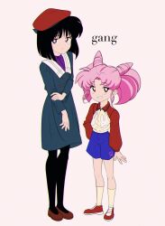  2girls beret bishoujo_senshi_sailor_moon black_pantyhose blue_shorts blunt_bangs chibi_usa dress earrings green_dress hat highres jewelry kibblebeans loafers multiple_girls pantyhose pink_hair purple_shirt red_button red_hat red_shirt shirt shoes shorts smile socks stud_earrings tomoe_hotaru 