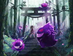  1girl absurdres brown_hair commentary_request evolutionary_line forest full_body gastly gengar grin hat haunter highres holding holding_poke_ball light_rays looking_back lyra_(pokemon) nature outdoors poke_ball pokemon pokemon_(creature) pokemon_hgss red_shoes russiya shoes shorts smile stairs stone_lantern stone_stairs sunbeam sunlight thigh-highs torii tree twintails white_hat white_thighhighs 