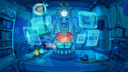  1girl absurdres android binder bookshelf cable closed_mouth coat commentary_request cool_colored english_commentary expressionless fisheye goggles goggles_on_head gumi hand_up highres holographic_interface indoors lab_coat mechanical_heart mixed-language_commentary open_clothes open_coat paper port_(portzzz) science_fiction short_hair solo standing straight-on table vocaloid 