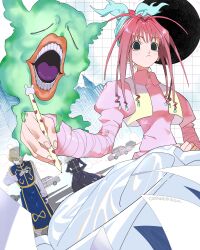  1girl 2boys absurdres black_coat blue_skirt blue_vest car chain chrollo_lucilfer city coat commission dress highres himuro_yukichiko hunter_x_hunter kurapika motor_vehicle multiple_boys nen_(hunter_x_hunter) neon_nostrade pen pink_dress pink_hair pixiv_commission shirt skirt vest white_shirt 