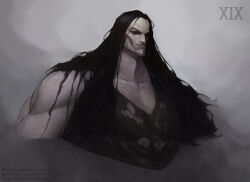  1boy absurdres artist_name artstation_logo artstation_username black_eyes black_hair black_sclera black_shirt closed_mouth colored_sclera commentary corvus_corax_(warhammer) english_commentary grey_background highres instagram_logo instagram_username long_hair muscular muscular_male pale_skin patreon_logo patreon_username potoq primarch raven_guard roman_numeral shirt simple_background solo warhammer_40k 