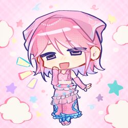  1girl argyle_clothes argyle_tank_top backlighting bare_shoulders beads blue_bow boots bow brown_eyes bubble_print chibi chinese_commentary clouds commentary_request crop_top eyes_visible_through_hair floral_print footwear_bow frilled_pants frills hair_between_eyes half-closed_eyes hand_on_own_cheek hand_on_own_face happy haroi headscarf infinity_nikki long_hair looking_at_viewer midriff nikki_(series) notice_lines open_mouth pants pink_arm_warmers pink_background pink_boots pink_bow pink_hair pink_headscarf pink_pants pink_tank_top pink_theme plaid_background print_headwear print_pants shoulder_bow smile solo standing star_(symbol) stylist_(nikki) tank_top 