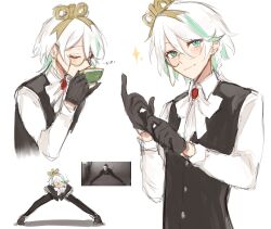  1girl adjusting_clothes adjusting_gloves ascot black_gloves black_vest butler cecilia_immergreen closed_eyes closed_mouth commentary crossdressing crossdressing_(ftm) cup drinking english_commentary female_butler glasses gloves green_eyes highres hololive hololive_english legs_apart long_sleeves looking_at_viewer nellepoof pinky_out real_life semi-rimless_eyewear shirt short_hair simple_background sketch smile solo upper_body vest virtual_youtuber white_ascot white_background white_shirt willem_dafoe winding_key 