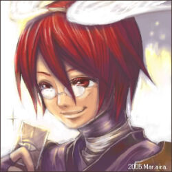  1boy 2005 aira129 assassin_(ragnarok_online) card closed_mouth commentary_request fake_wings fingerless_gloves glasses gloves hair_between_eyes head_wings holding holding_card long_bangs lowres male_focus purple_gloves purple_shirt ragnarok_online red_eyes red_hair rimless_eyewear shirt short_hair smile solo upper_body white_wings wings 