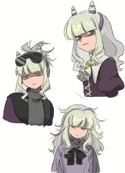  2girls ascot black_bow black_bowtie blonde_hair bow bowtie commentary cone_hair_bun double_bun english_commentary eyewear_on_head hair_bun highres jacket knights_of_guinevere long_hair messy_hair multicolored_hair multiple_girls multiple_views olivia_park princess_guinevere puffy_sleeves purple_hair purple_jacket sidelocks streaked_hair sunglasses two-tone_hair violet_eyes white_ascot yokuyo 