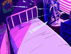  bed bedroom commentary_request indoors keloid_lack3 no_humans obenkyou_shitoiteyo object_focus pillow plant poster_(object) purple_theme shelf zutto_mayonaka_de_ii_no_ni 