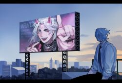  1boy ad arataki_itto billboard black_pants blue_hair blue_necktie building city clouds collared_shirt commentary english_commentary evening genshin_impact gradient_sky highres kamisato_ayato letterboxed long_sleeves looking_to_the_side male_focus necktie on_rooftop outdoors pants railing shirt shirt_tucked_in short_hair singtou sitting sky skyline sleeves_rolled_up solo white_shirt wing_collar 
