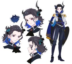  1girl absurdres alternate_costume alternate_hair_length alternate_hairstyle asymmetrical_horns black_gloves black_hair blue_hair breasts colored_inner_hair demon_horns gloves highres hololive hololive_english horns jewelry mole mole_under_eye multicolored_hair nerissa_ravencroft red_eyes ring suit two-tone_hair uneven_horns virtual_youtuber yomosaka 