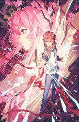  1girl cherry cherry_blossoms cloak closed_mouth couple cross cross_print emiya_shirou falling_petals fate/stay_night fate_(series) field_of_blades flower flower_swing food fruit full_body gaoyue_jixiang hair_flower hair_ornament highres jacket kanshou_&amp;_bakuya_(fate) long_hair magic_circuit momomiya_shizuku_(gaoyue_jixiang) oc_x_canon orange_hair original pastels petals pink_eyes pink_flower pink_hair pink_petals print_ribbon raglan_sleeves red_cloak red_hair ribbon shoes standing 