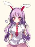  1girl animal_ears bangs blush breasts carrot_pin closed_mouth collared_shirt commentary_request eyebrows_visible_through_hair flying_sweatdrops hair_between_eyes hand_up heart highres long_hair looking_at_viewer medium_breasts moshihimechan necktie pink_skirt puffy_short_sleeves puffy_sleeves purple_hair rabbit_ears red_eyes red_necktie reisen_udongein_inaba shirt short_sleeves simple_background skirt smile solo standing sweat sweatdrop touhou wavy_hair white_shirt yellow_background 