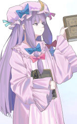  1girl absurdres book bow bruce_1354 crescent frills hat highres holding holding_book long_hair long_sleeves nightcap patchouli_knowledge purple_hair serious solo touhou violet_eyes 