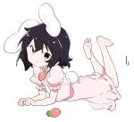 1girl animal_ears bangs barefoot black_hair carrot_necklace commentary_request dress eyebrows_visible_through_hair floppy_ears frilled_sleeves frills full_body inaba_tewi kt_kkz looking_at_viewer lying on_stomach pink_dress puffy_short_sleeves puffy_sleeves rabbit_ears rabbit_girl rabbit_tail red_eyes ribbon-trimmed_dress short_hair short_sleeves simple_background solo tail the_pose touhou white_background 