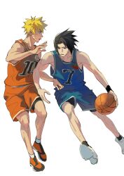  2boys abanovo alternate_costume ball bare_shoulders basketball basketball_(object) basketball_uniform bike_shorts bike_shorts_under_shorts black_hair black_shorts blonde_hair blue_shorts blue_tank_top facial_mark foot_out_of_frame full_body furrowed_brow highres holding holding_ball male_focus multiple_boys naruto_(series) orange_shoes orange_shorts orange_tank_top parted_bangs parted_lips shoes short_hair shorts sneakers spiky_hair sportswear sweat tank_top uchiha_sasuke uzumaki_naruto whisker_markings white_background white_shoes wristband 