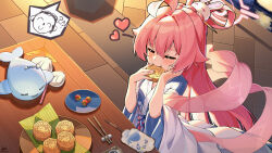  1girl ? ?? absurdres ahoge alternate_costume blue_archive blue_dress blush chinese_clothes chopsticks closed_eyes doodle_sensei_(blue_archive) dress eating fang hair_rings halo hand_fan hanfu heart highres hoshino_(blue_archive) huge_ahoge inflatable_toy jfzm001 lantern long_hair mid-autumn_festival mooncake pink_hair pink_halo sensei_(blue_archive) sitting 