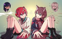  4girls amate_yuzuriha animal_ears ayataka_syumimi black_hair blue_eyes boots brown_hair chibi commentary_request confrontation crossover dog_ears dog_girl dog_tail eye_contact girls_band_cry grey_eyes gundam gundam_gquuuuuux happi highres iseri_nina japanese_clothes kawaragi_momoka kemonomimi_mode kuuhaku_to_catharsis long_hair looking_at_another multiple_girls necktie nyaan_(gundam_gquuuuuux) photoshop_(medium) red_hair school_uniform short_hair shorts simple_background sitting tail yellow_eyes 