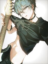  1boy absurdres alien_stage aqua_eyes artist_name besitosmp4 black-framed_eyewear black_choker black_nails black_pants black_shirt blue_hair bracelet choker clothes_lift commentary denim ear_piercing earrings electric_guitar english_commentary eyebrow_piercing face_piercing fender_jazzmaster from_side guitar hair_between_eyes highres holding holding_guitar holding_instrument instrument jeans jewelry lifting_own_clothes looking_at_viewer male_focus navel pants piercing shirt shirt_lift short_hair simple_background skeleton_print skinny solo spiked_choker spikes till_(alien_stage) white_background 