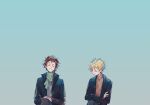  2boys atou_haruki black_jacket blonde_hair blue_background braid brown_sweater chairan chinese_commentary closed_eyes closed_mouth father_and_son gradient gradient_background green_scarf grey_pants grey_sweater harada_minoru highres jacket long_sleeves low_braid male_focus multiple_boys open_clothes open_jacket open_mouth pants ribbed_sweater saibou_shinkyoku scar scar_on_face scar_on_forehead scarf short_hair side_braid sketch suit_jacket sweater turtleneck turtleneck_sweater 