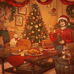  1boy ^_^ animal_on_lap black_cat blue_pants book bow calico_(pattern) calico_cat candle cat cat_on_lap champagne_bottle champagne_flute chicken_(food) christmas christmas_ornaments christmas_stocking christmas_tree christmas_wreath closed_eyes commentary_request couch cup drinking_glass english_commentary food happy hat highres holding holding_cup indoors long_sleeves male_focus mixed-language_commentary on_couch on_lap open_mouth original pants party picture_frame pile_of_books port_(portzzz) red_sweater santa_hat sitting slice_of_life smile star_(symbol) sweater table tablecloth v-neck warm_colored wreath 