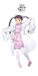  1girl absurdres alternate_costume ambulance arms_at_sides bag black_hair brown_eyes commentary cross dress fang firstdayiyui full_body hachikuji_mayoi hair_ribbon highres lab_coat long_hair looking_at_viewer monogatari_(series) nurse open_mouth pantyhose pink_dress pink_ribbon pink_shoes ribbon shoes shoulder_bag simple_background skin_fang solo speech_bubble symbol-only_commentary thought_bubble twintails very_long_sleeves white_background white_pantyhose 
