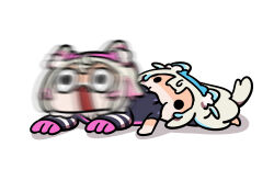  2girls animal_ears biting biting_ass blonde_hair blue_hair dog_ears dog_tail eating fuwawa_abyssgard fuwawa_abyssgard_(1st_costume) hairband highres hololive hololive_english keenbiscuit long_hair mococo_abyssgard mococo_abyssgard_(1st_costume) multicolored_hair multiple_girls pink_hair screaming short_hair siblings sisters streaked_hair tail twins virtual_youtuber 