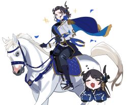  1girl absurdres alternate_costume alternate_hair_length alternate_hairstyle asymmetrical_horns black_gloves black_hair blue_hair breasts colored_inner_hair demon_horns gloves hair_ornament highres hololive hololive_english horns horse jailbird_(nerissa_ravencroft) jewelry large_breasts long_hair mole mole_under_eye multicolored_hair nerissa_ravencroft red_eyes ring smile suit two-tone_hair uneven_horns virtual_youtuber yomosaka 