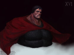  1boy absurdres armor artist_name artstation_logo artstation_username black_armor blue_eyes breastplate cape closed_mouth commentary english_commentary highres horus_lupercal instagram_logo instagram_username large_pectorals looking_at_viewer luna_wolves muscular muscular_male patreon_logo patreon_username pectorals potoq primarch red_cape roman_numeral scale_armor short_hair simple_background solo warhammer_40k 