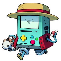  1other adventure_time bmo candy cosplay discount-supervillain food full_body halloween_costume hat monkey_d._luffy monkey_d._luffy_(cosplay) one_piece open_clothes open_mouth open_vest other_focus red_vest robot scar shorts smile solo straw_hat transparent_background vest walking 