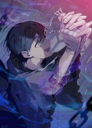  1boy :d ahoge bandaged_hand bandages black_robe blurry chain crazy_eyes depth_of_field fingernails glint green_eyes hair_between_eyes hands_up highres holding holding_jewelry holding_necklace hood hood_down hooded_robe jewelry kenmochi_touya looking_up male_focus necklace nijisanji own_hands_clasped own_hands_together pendant pendant_removed profile purple_hair robe short_hair short_sleeves smile smoke solo suwada torn_clothes torn_sleeves unworn_jewelry unworn_necklace upper_body virtual_youtuber 