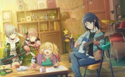  4girls :o ^_^ bass_guitar black_hair black_sweater blonde_hair blue_jacket blue_pants book book_stack brown_hair chair closed_eyes closed_mouth collared_sweater colorful_palette crescent cup door drum drum_set game_cg gradient_hair green_eyes green_jacket grey_eyes grey_hair hair_ornament hairclip headphones highres hinomori_shiho hood hoodie hoshino_ichika_(project_sekai) instrument jacket leo/need_(project_sekai) mochizuki_honami mug multicolored_hair multiple_girls official_art open_clothes open_jacket pants phenny_(project_sekai) pink_hair pink_jacket plant potted_plant project_sekai purple_jacket resonate_with_you_(project_sekai) shelf sidelocks sitting smile speaker star_(symbol) string_of_light_bulbs sweater table tenma_saki third-party_source torn_clothes torn_pants white_hoodie x_hair_ornament yawning 