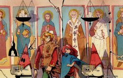  :o artist_name barbed_wire blonde_hair blue_cloak blush box candle capirote christian_mythology christianity cloak commentary conical_hat crack cracked_wall cross cubism english_commentary green_pants halo hanging_light hat holding holding_box holding_staff holding_sword holding_weapon icon_(religion) layered_clothes long_hair looking_at_another magnagallina medieval mob_face multiple_boys multiple_girls mural nicholas_of_myra original pants red_hat red_hood red_shirt red_tunic robe sheath sheathed shepherd's_crook shirt side_slit skull staff sword traditional_media tunic walking weapon white_robe yellow_halo 