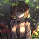  1girl arms_at_sides axis_powers_hetalia bangs belgium_(hetalia) black_necktie blurry breasts brown_hair collared_shirt dappled_sunlight depth_of_field fence flower from_above green_eyes green_ribbon hairband hatake_hukuro large_breasts long_sleeves looking_afar necktie parted_lips plant ribbon shade shirt solo sunlight suspenders tulip upper_body vines wavy_hair wooden_fence 