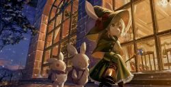 1girl animal_nose bare_tree blonde_hair bow buttons capelet christmas christmas_stocking christmas_tree commentary_request ears_through_headwear evening furry furry_female gloves green_capelet green_eyes green_gloves green_hat green_skirt hat hat_bow highres holding holding_lantern holding_wand kuma_(kumasan_82) lantern long_hair original parted_lips rabbit_girl red_bow sidelighting skirt snow snowing stuffed_animal stuffed_rabbit stuffed_toy suspender_skirt suspenders tree wand window winter 