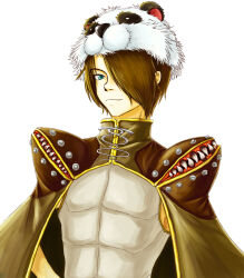  1boy brown_cape brown_hair caduceus cape closed_mouth commentary_request creator_(ragnarok_online) green_eyes hair_over_one_eye long_bangs looking_at_viewer male_focus nowano panda_hat ragnarok_online shirt short_hair simple_background sleeveless sleeveless_shirt smile solo upper_body white_background white_shirt 