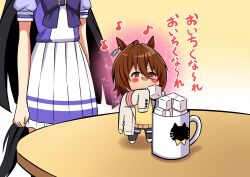  2girls agnes_tachyon_(tach-nology)_(umamusume) agnes_tachyon_(umamusume) animal_ears arms_at_sides arms_up behind_another blush_stickers brown_hair chibi cup earrings food hair_between_eyes holding holding_food horse_ears horse_tail jewelry king_kouta lab_coat long_hair long_sleeves manhattan_cafe_(umamusume) mini_person minigirl multiple_girls musical_note on_table red_eyes school_uniform shirt short_sleeves single_earring size_difference skirt sleeves_past_fingers sleeves_past_wrists smile sparkle standing sugar_cube sweater table tail tracen_school_uniform translation_request umamusume v-shaped_eyebrows very_long_hair very_long_sleeves yellow_sweater 